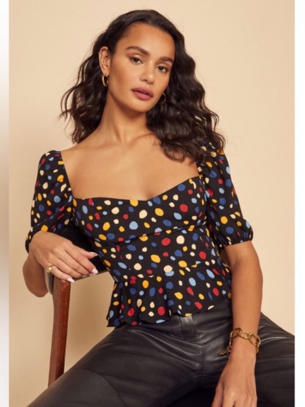 NWOT Reformation Aimee cinched waist/corset fitted polka dot blouse Sz 4